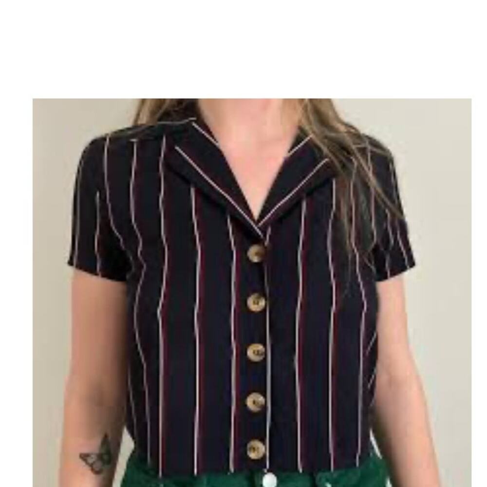 Lottie Moss Navy Pinstriped button down crop top sz Med